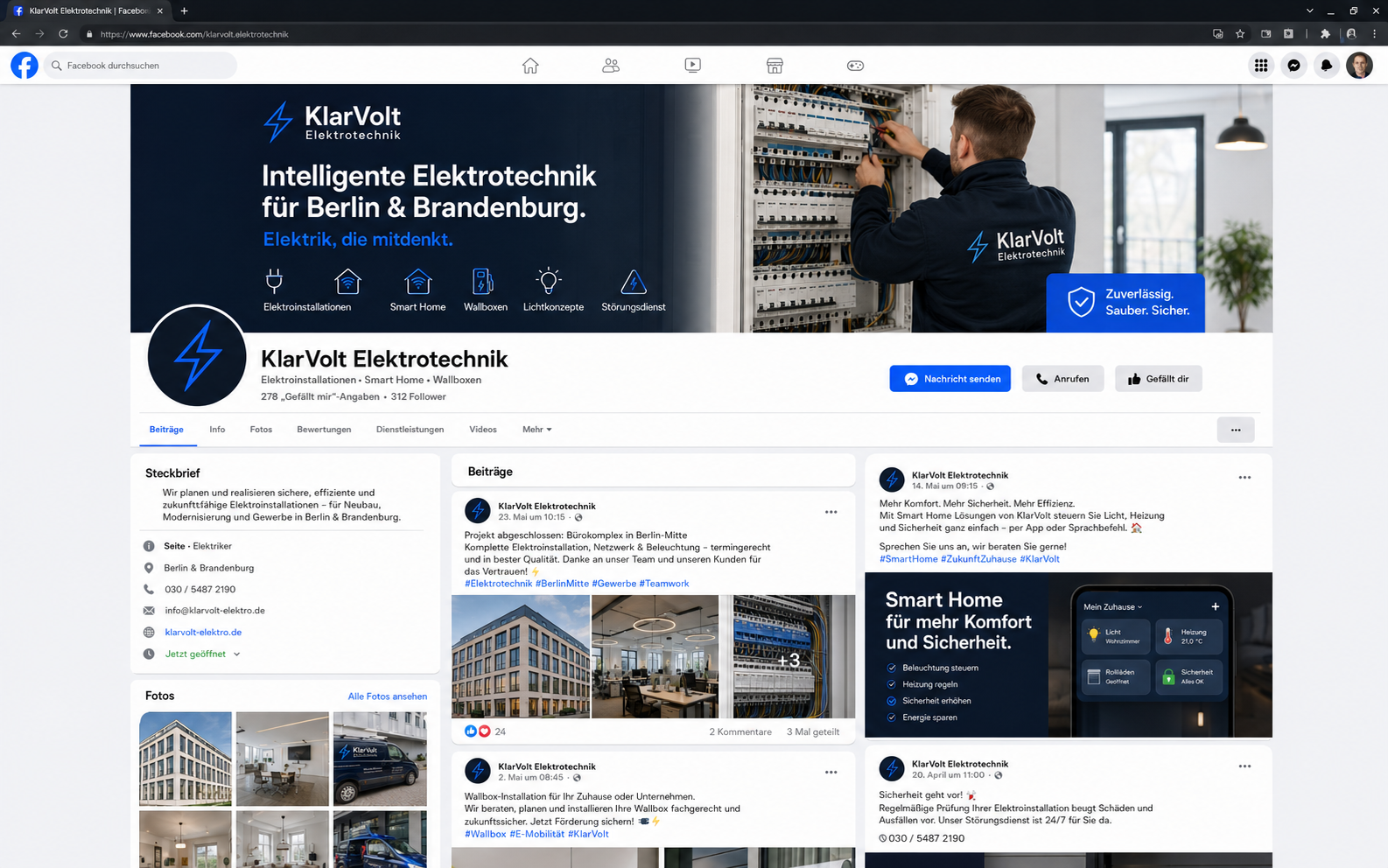 Facebook-Seite von KlarVolt mit passendem Header und Beitragsoptik