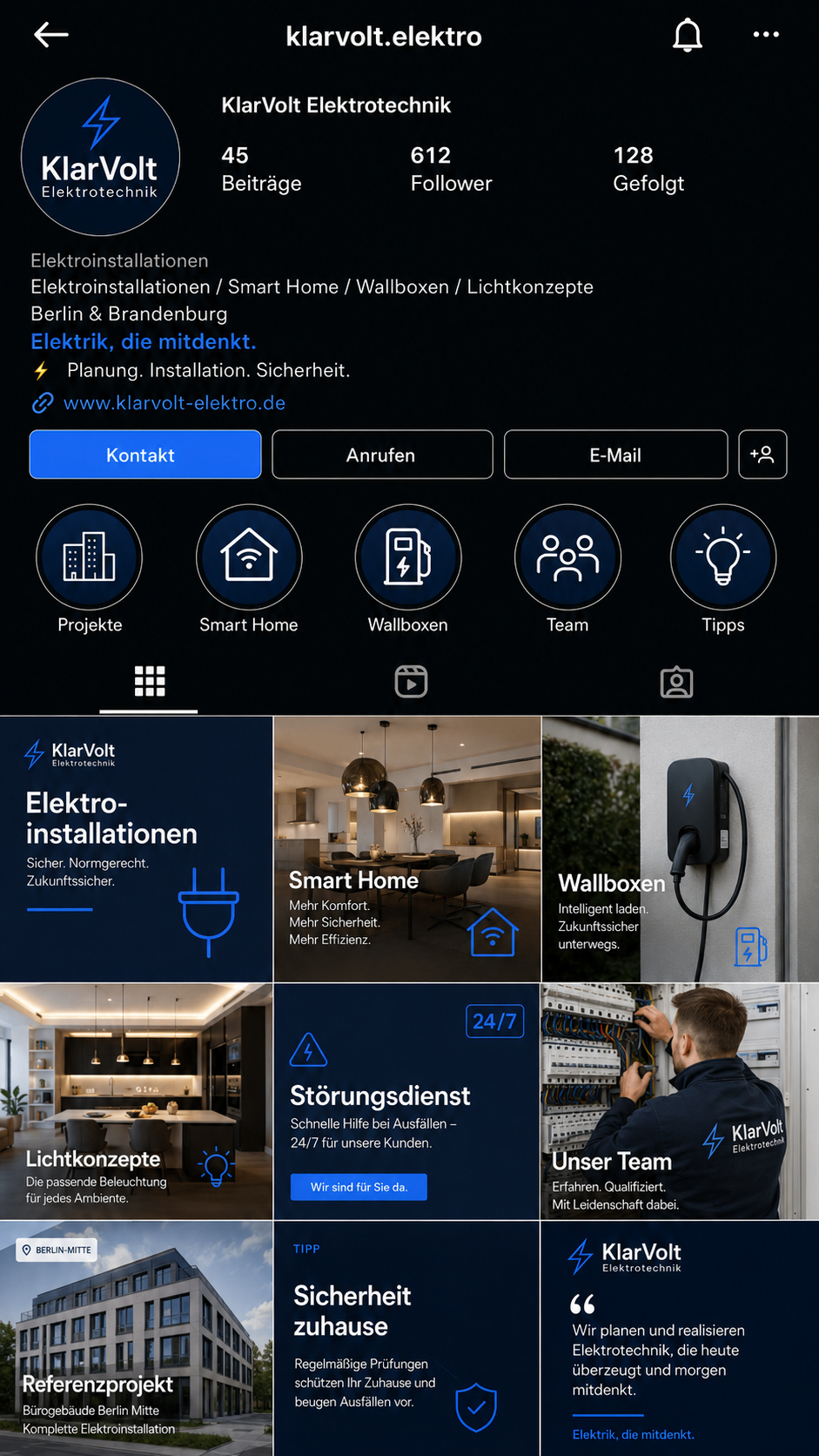 Instagram-Profil von KlarVolt im dunklen Markenlook