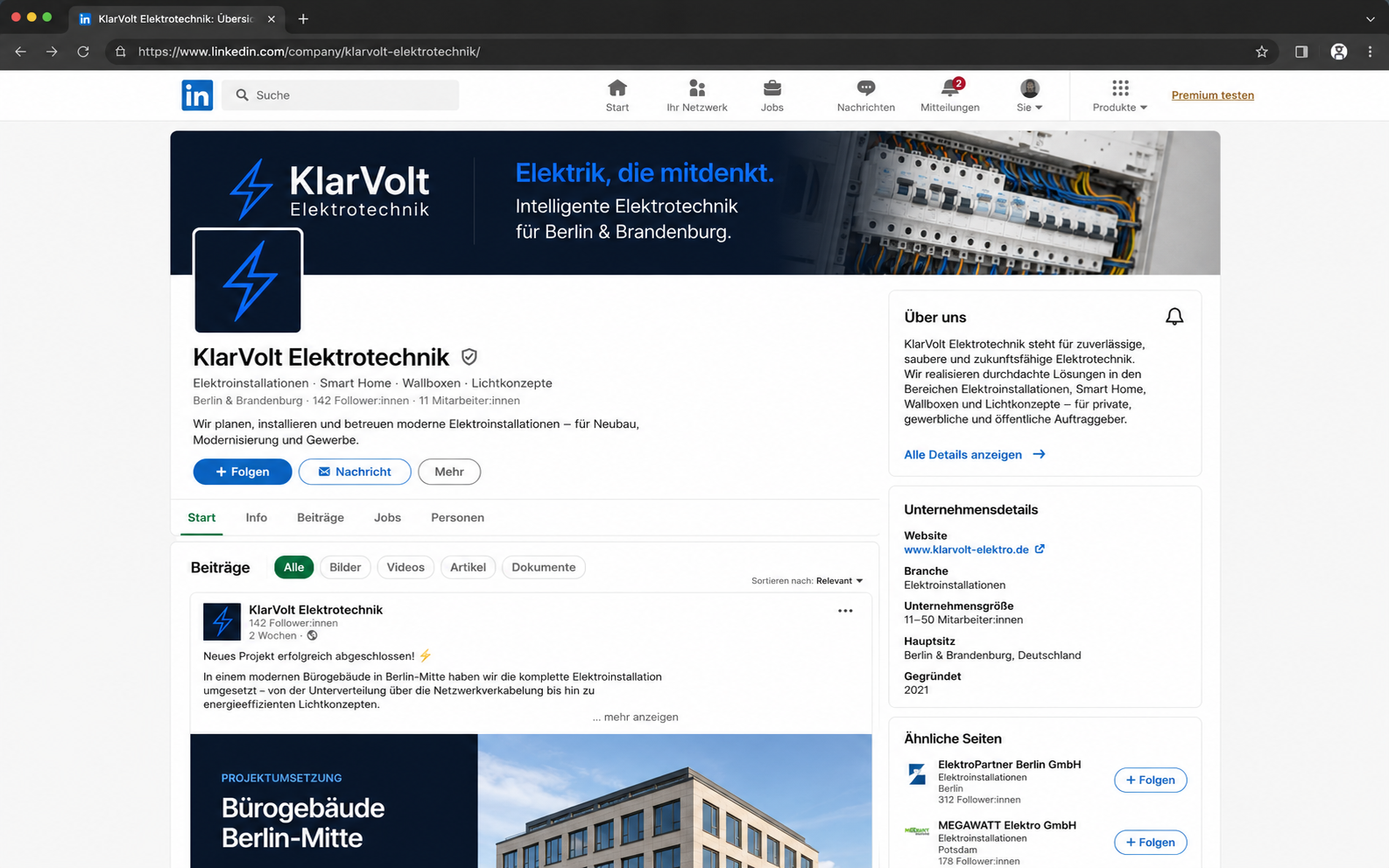 LinkedIn-Unternehmensseite von KlarVolt im abgestimmten Markenauftritt