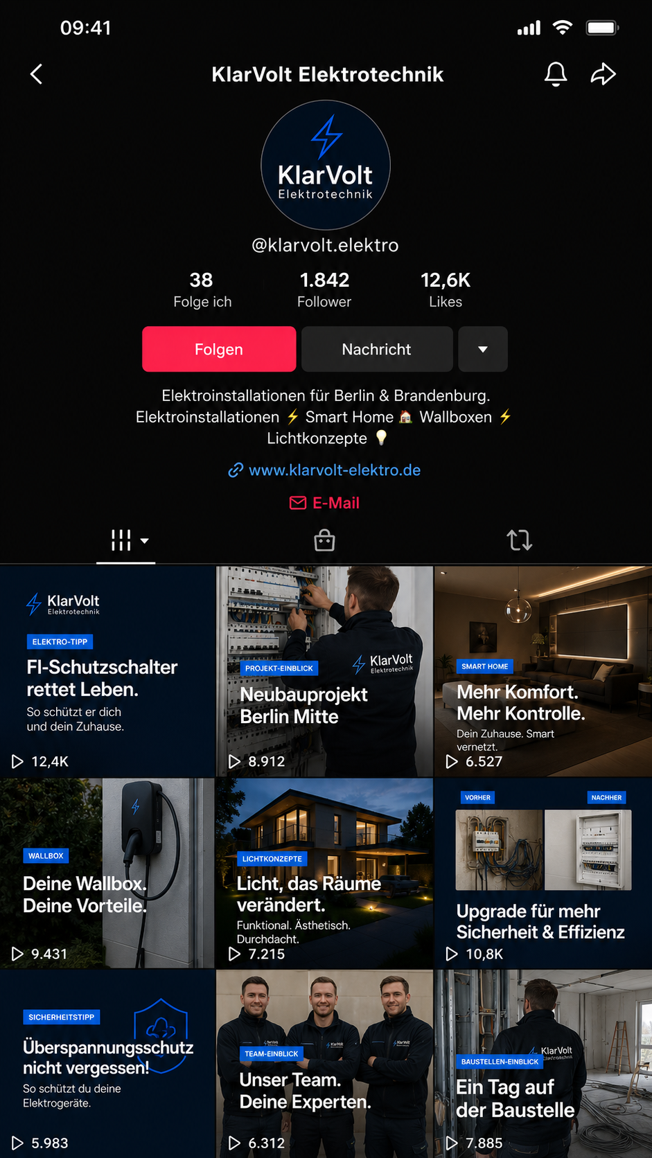 TikTok-Profil von KlarVolt mit abgestimmten Beitragskacheln