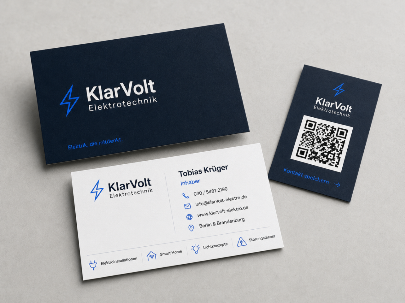 KlarVolt Visitenkarten und QR-Karte im einheitlichen Markenauftritt