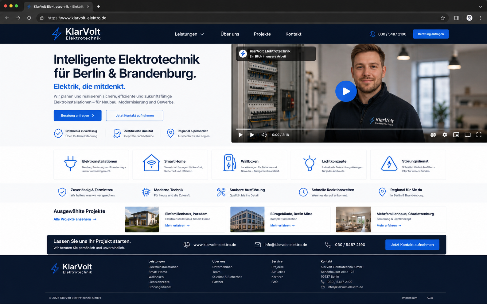 KlarVolt Website mit integriertem Video im Headerbereich