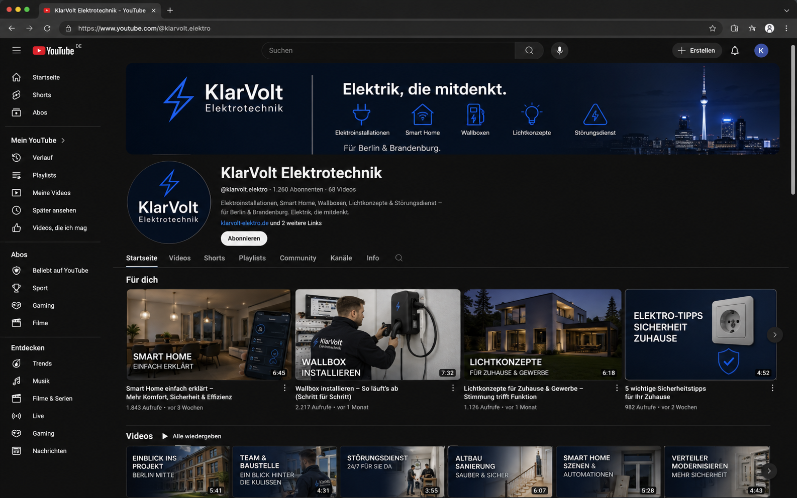 YouTube-Kanal von KlarVolt mit kanalübergreifend einheitlichem Look